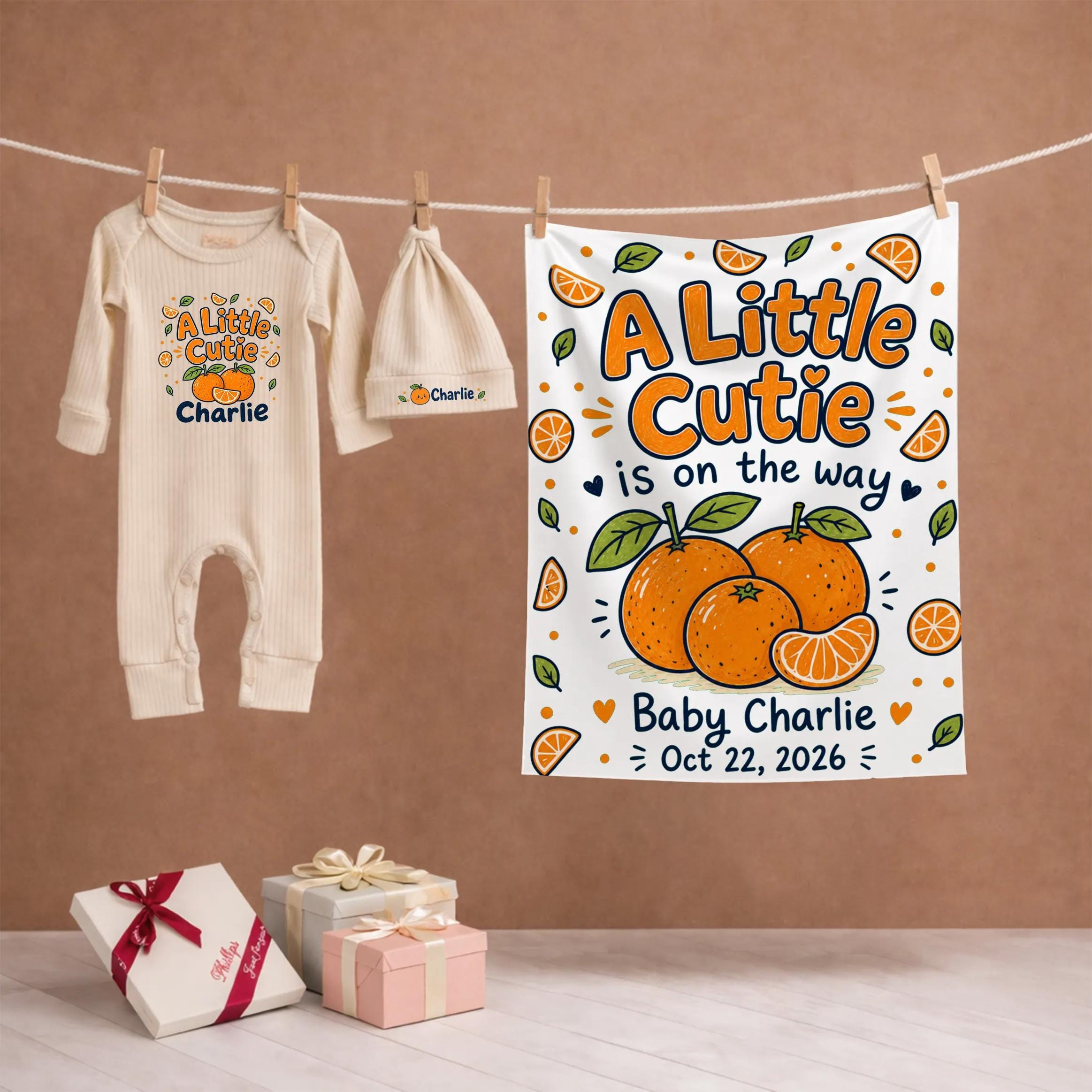 A Little Cutie Baby Shower Banner and Bodysuit Set with Custom Name, Citrus Theme Welcome Sign, Newborn Outfit Gift