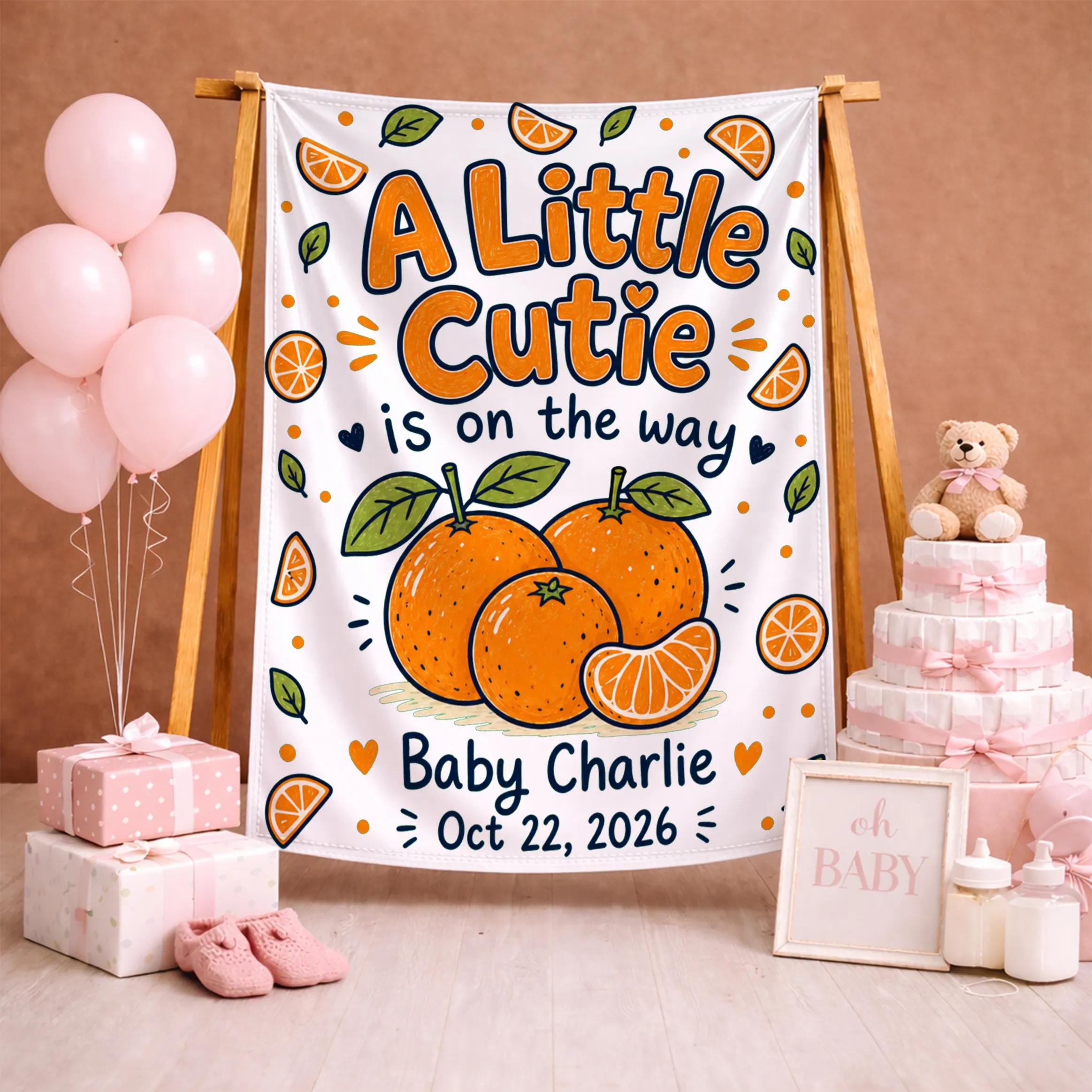 A Little Cutie Baby Shower Banner and Bodysuit Set with Custom Name, Citrus Theme Welcome Sign, Newborn Outfit Gift