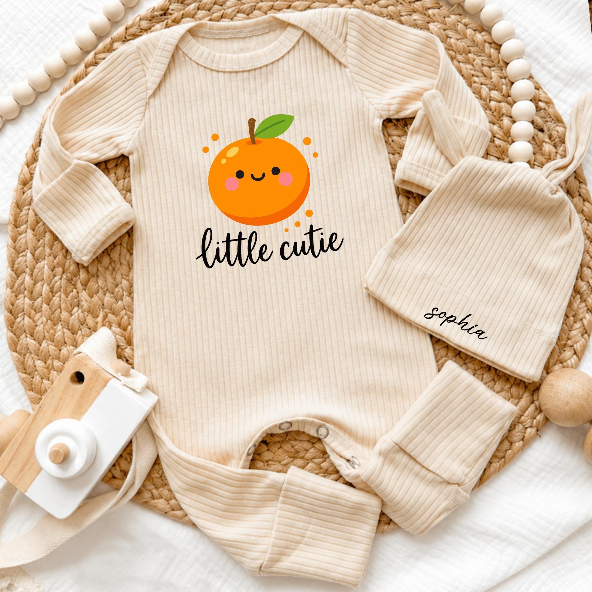 Little Cutie Orange Baby Bodysuit and Hat Set with Custom Name, Newborn Coming Home Outfit, Baby Shower Gift for Fruit Lovers
