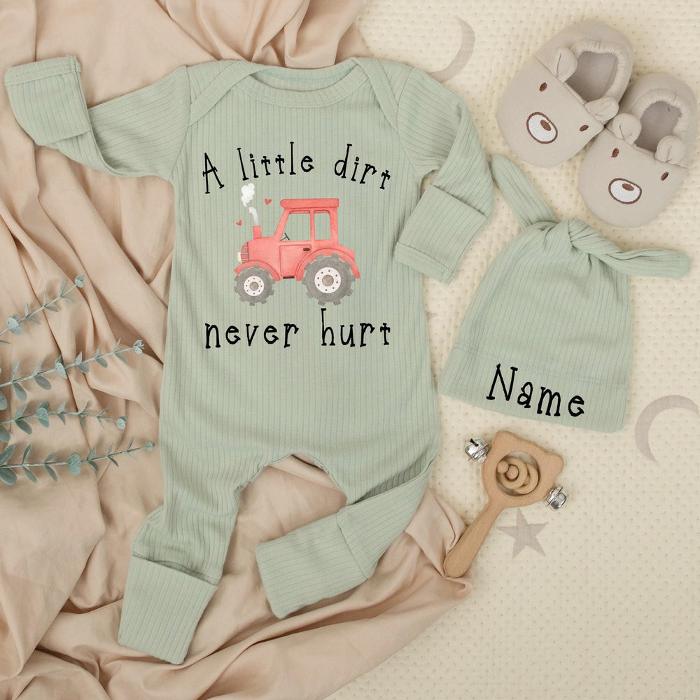 A Little Dirt Never Hurt Personalized Baby Bodysuit with Red Tractor and Hearts, Custom Farm-Themed Newborn Outfit, Baby Shower Gift