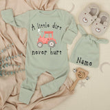 A Little Dirt Never Hurt Personalized Baby Bodysuit with Red Tractor and Hearts, Custom Farm-Themed Newborn Outfit, Baby Shower Gift