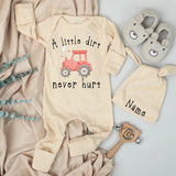 A Little Dirt Never Hurt Personalized Baby Bodysuit with Red Tractor and Hearts, Custom Farm-Themed Newborn Outfit, Baby Shower Gift