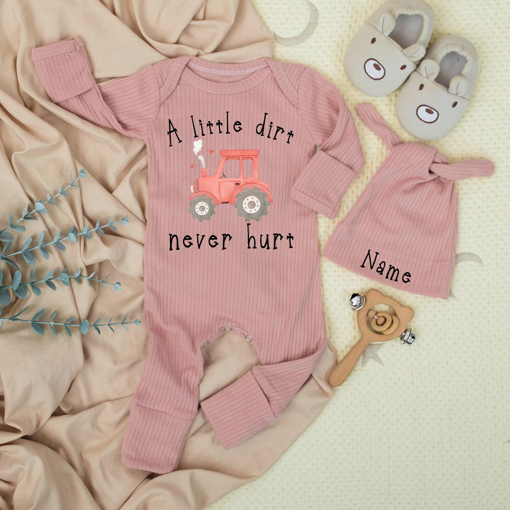 A Little Dirt Never Hurt Personalized Baby Bodysuit with Red Tractor and Hearts, Custom Farm-Themed Newborn Outfit, Baby Shower Gift