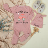 A Little Dirt Never Hurt Personalized Baby Bodysuit with Red Tractor and Hearts, Custom Farm-Themed Newborn Outfit, Baby Shower Gift