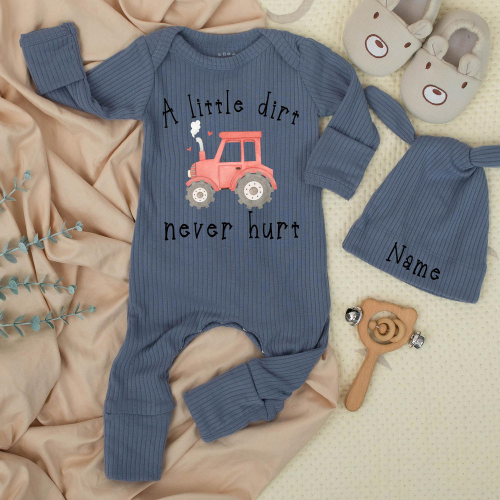 A Little Dirt Never Hurt Personalized Baby Bodysuit with Red Tractor and Hearts, Custom Farm-Themed Newborn Outfit, Baby Shower Gift
