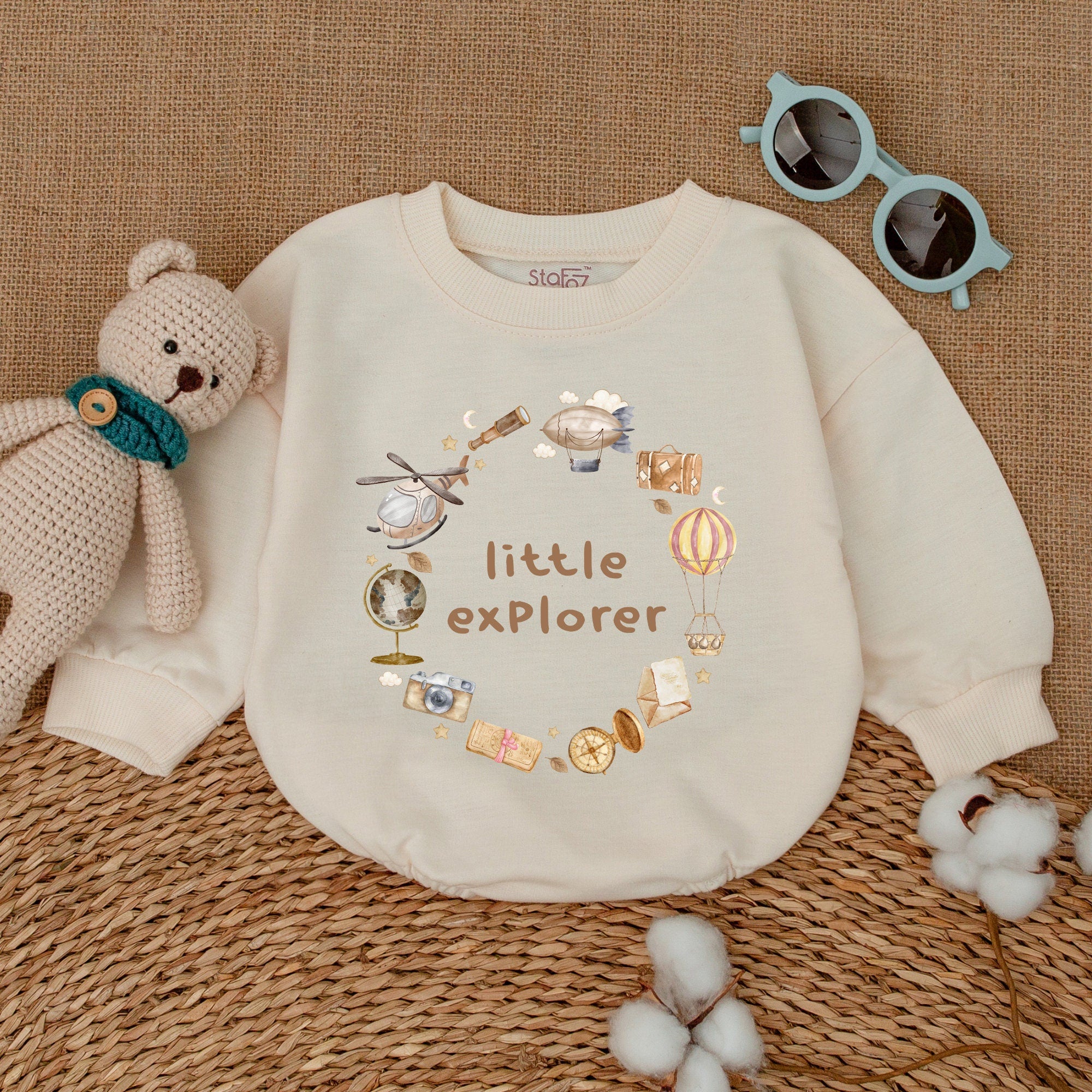 Little Explorer Baby Bodysuit Adventure Romper Soft Cotton Infant Outfit Whimsical Travel Theme with Globe and Camera Design