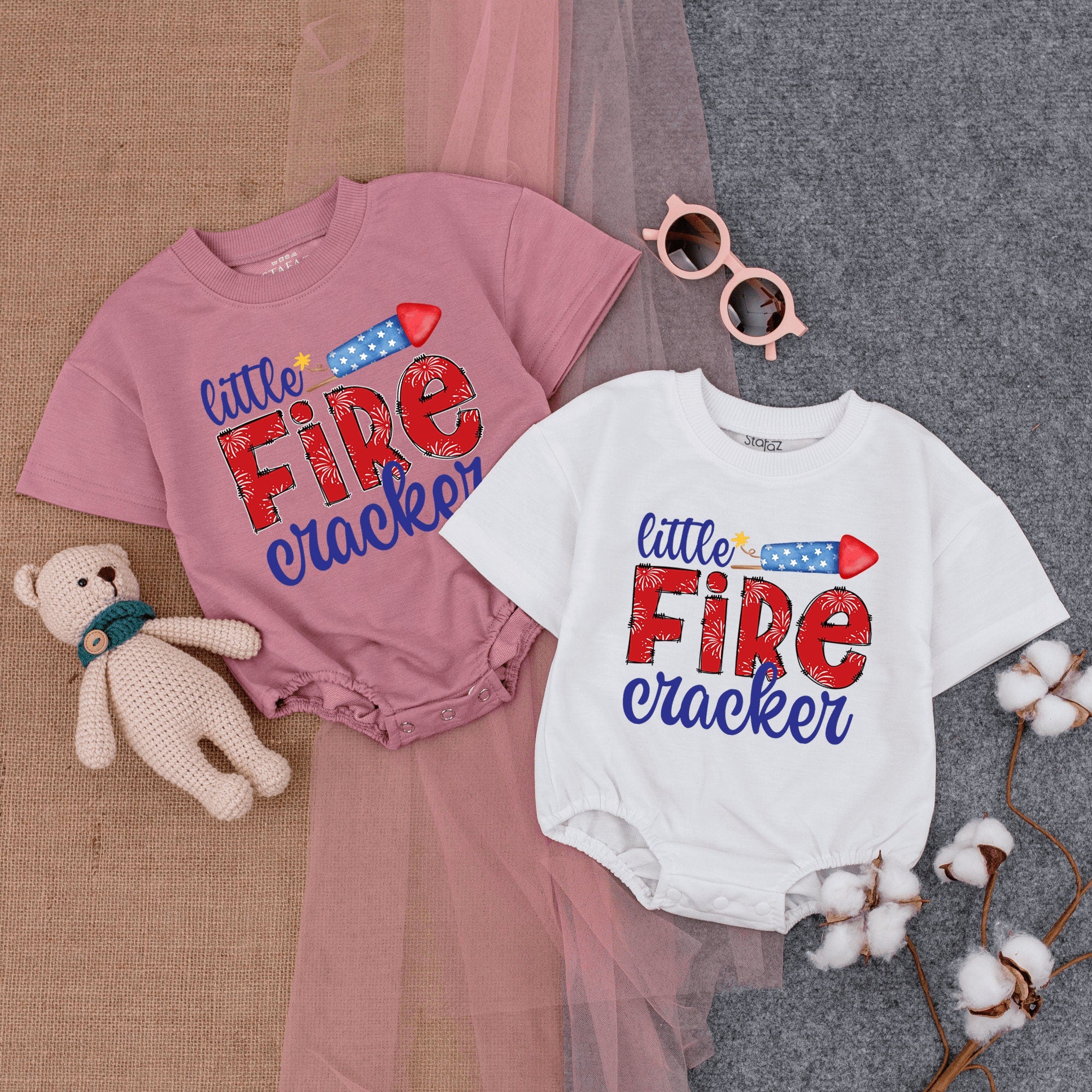 Little Firecracker Baby Romper Patriotic Fourth of July Outfit Cute Red White Blue Firecracker Design Infant Summer Bodysuit