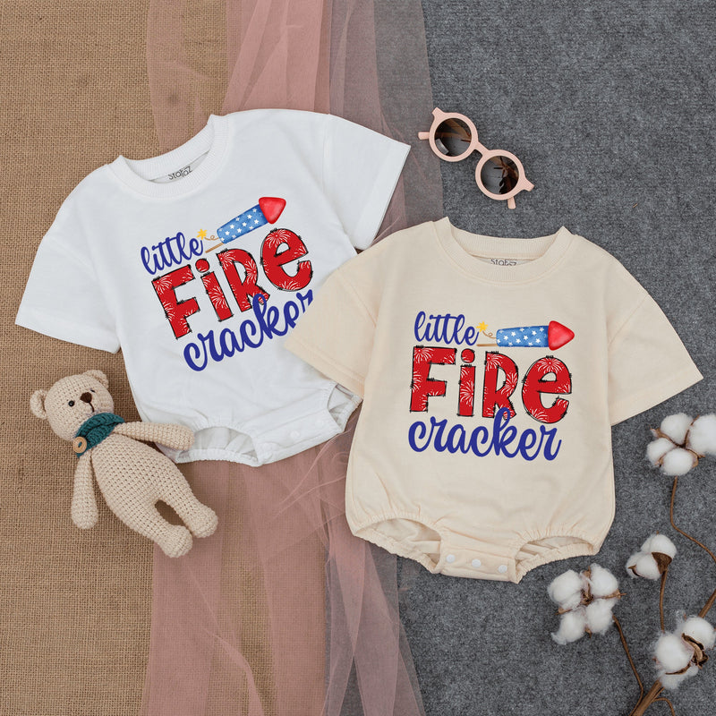 Little Firecracker Baby Romper Patriotic Fourth of July Outfit Cute Red White Blue Firecracker Design Infant Summer Bodysuit