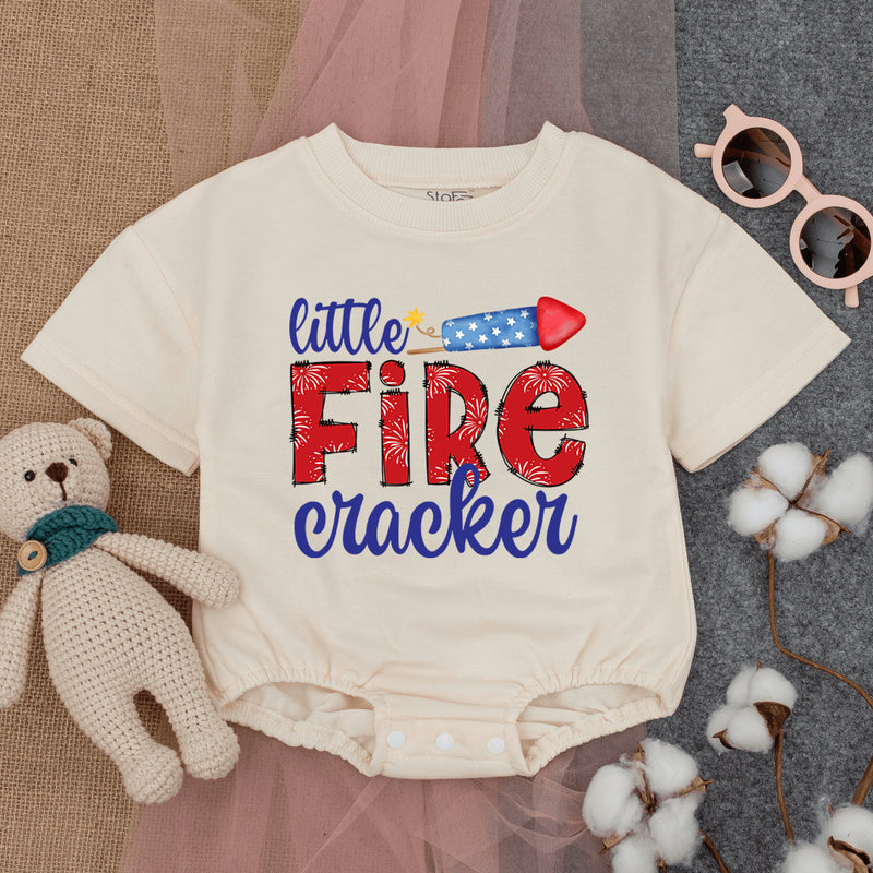 Little Firecracker Baby Romper Patriotic Fourth of July Outfit Cute Red White Blue Firecracker Design Infant Summer Bodysuit