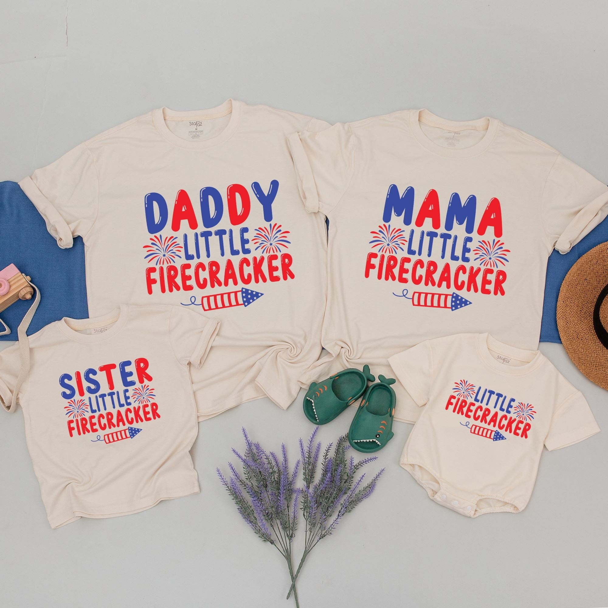 Little Firecracker Matching Family Shirts Custom Names 4th of July Birthday Outfit for Kids and Parents Festive Fireworks Design