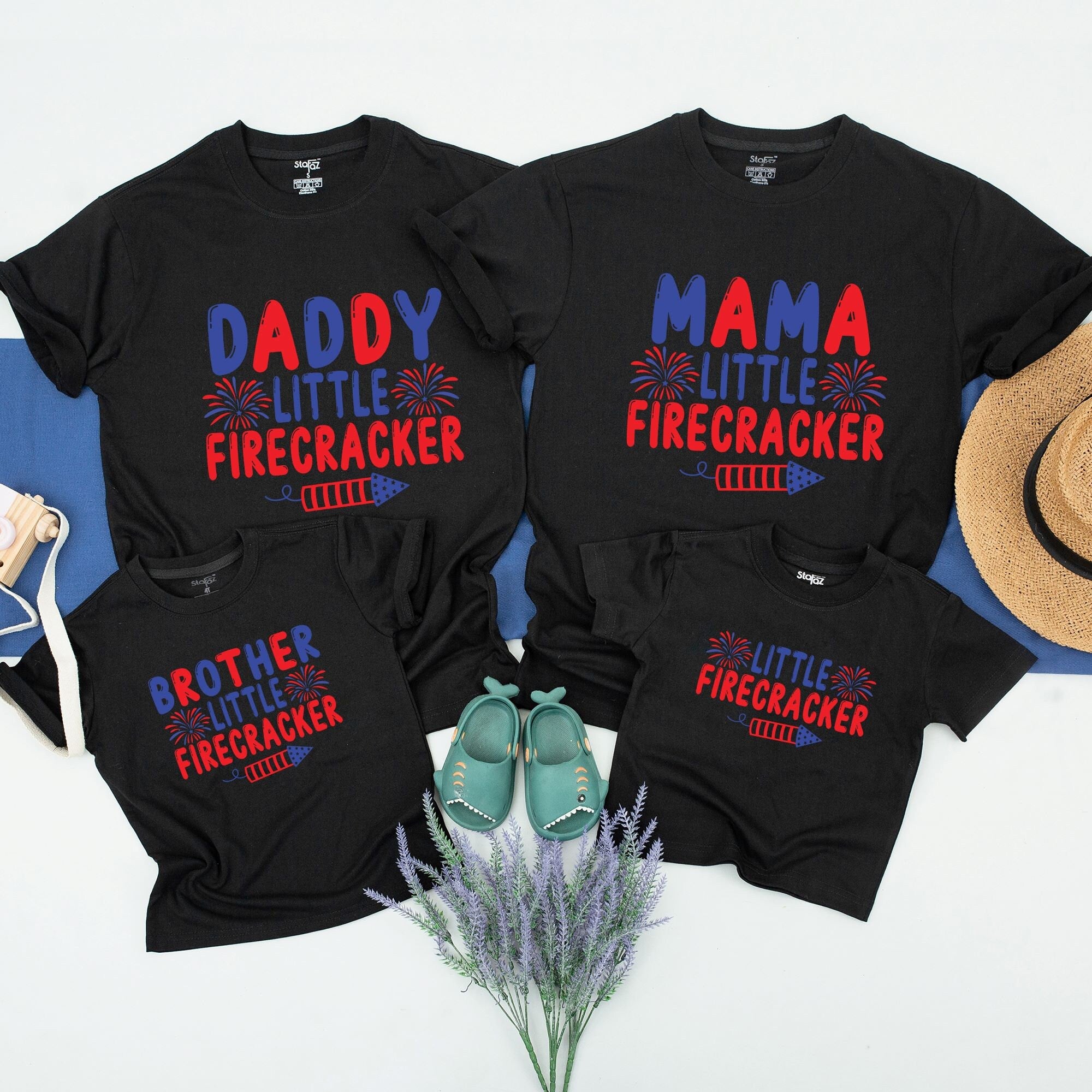 Little Firecracker Matching Family Shirts Custom Names 4th of July Birthday Outfit for Kids and Parents Festive Fireworks Design