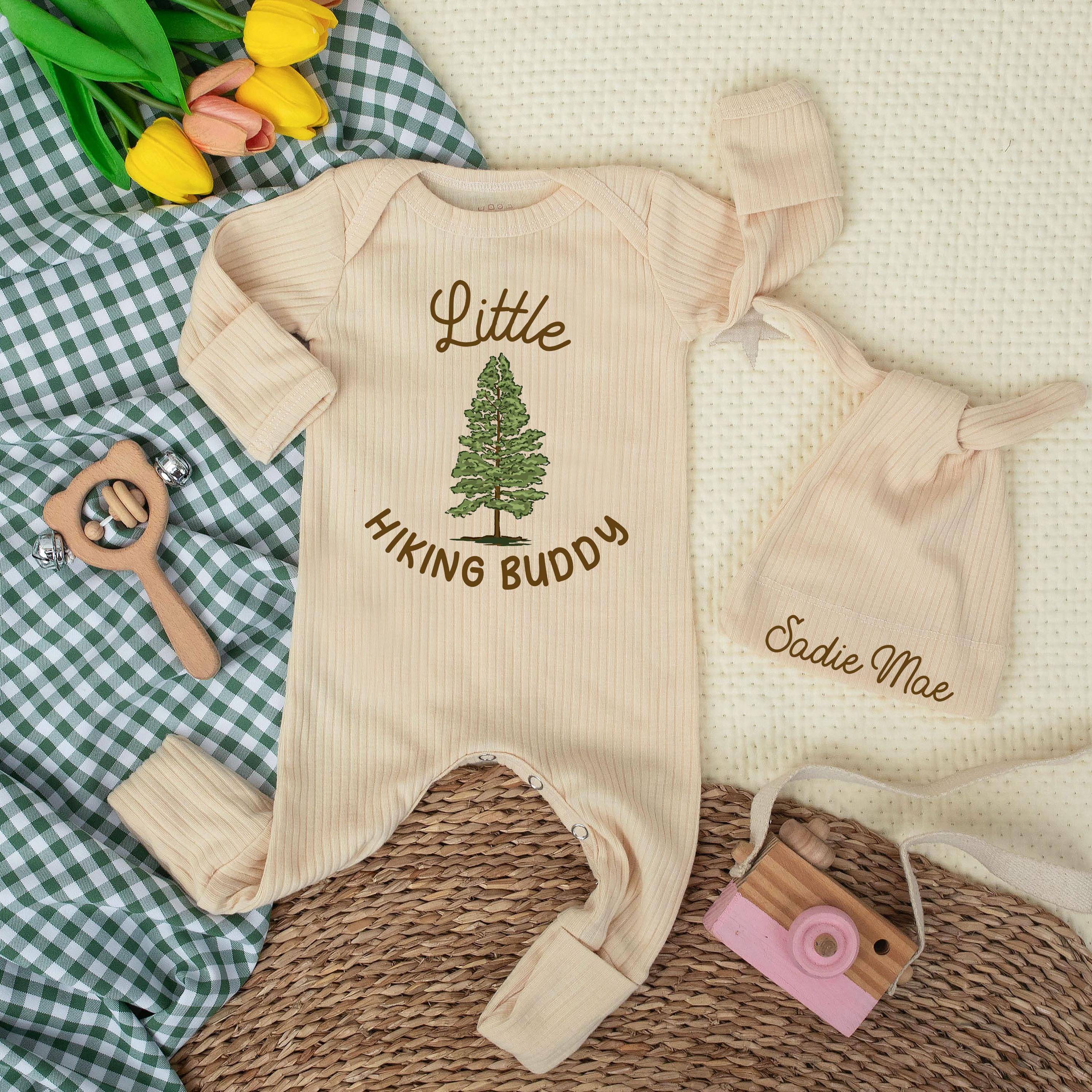 Little Hiking Buddy Baby Bodysuit with Evergreen Tree Design Rustic Outdoor Newborn Outfit Soft Cotton Infant Gift for Baby Shower