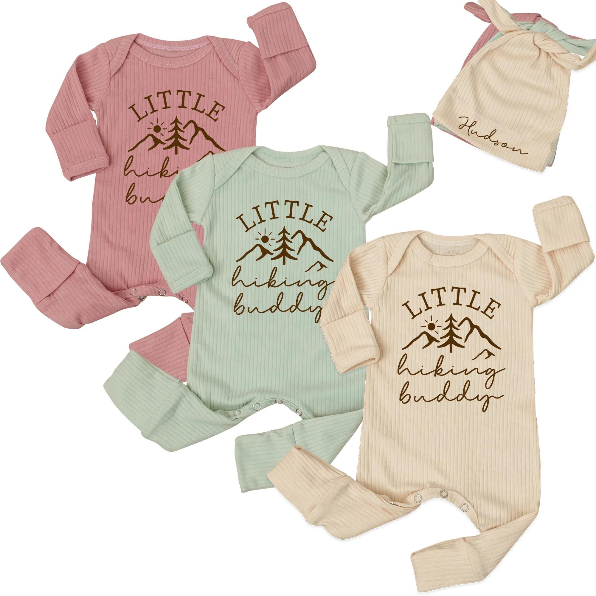 Little Hiking Buddy Baby Bodysuit and Hat Set with Custom Name, Newborn Coming Home Outfit, Perfect Baby Shower Gift