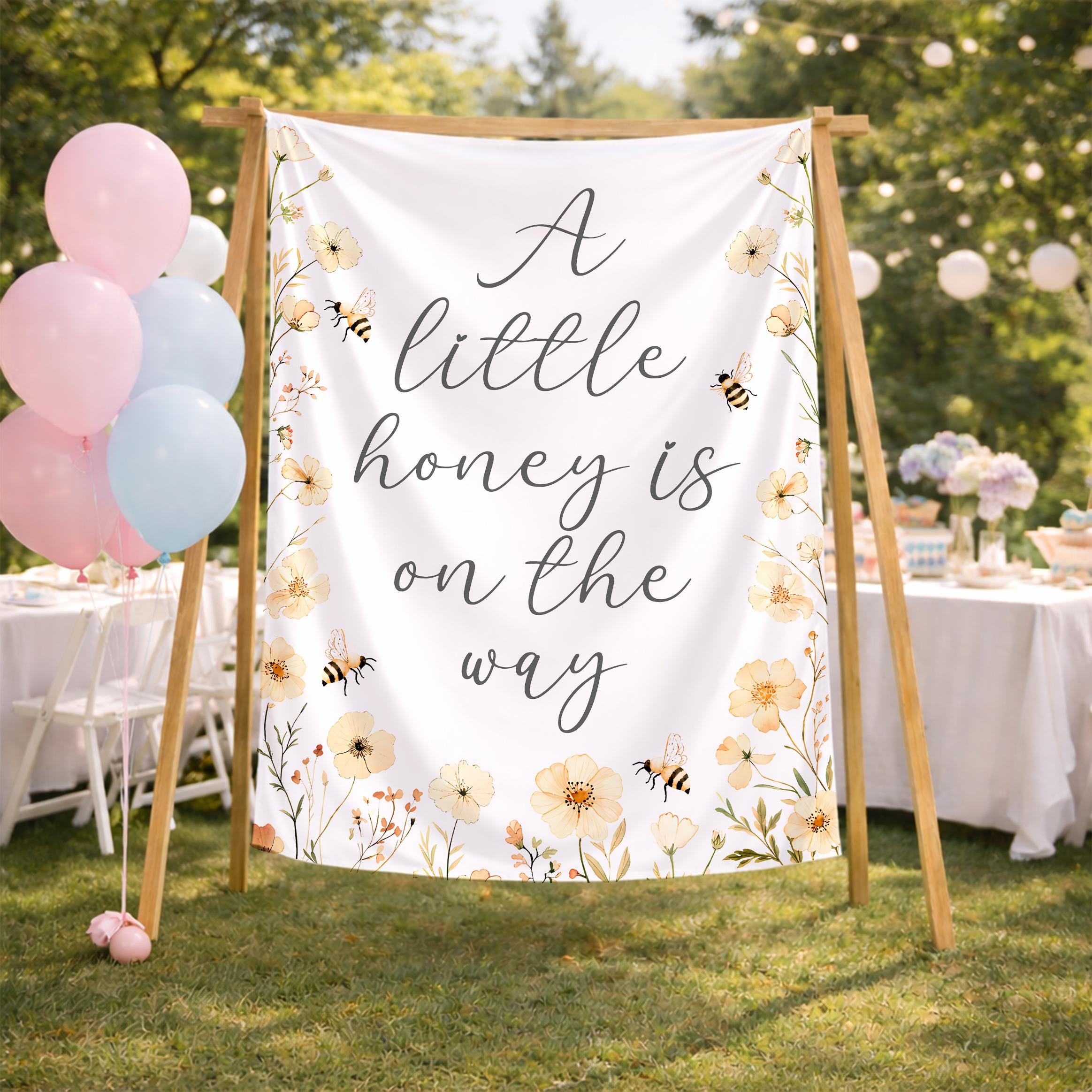 Little Honey Baby Shower Welcome Sign with Bees Neutral Floral Design, Custom Banner or Backdrop for Rustic Baby Celebration Decor