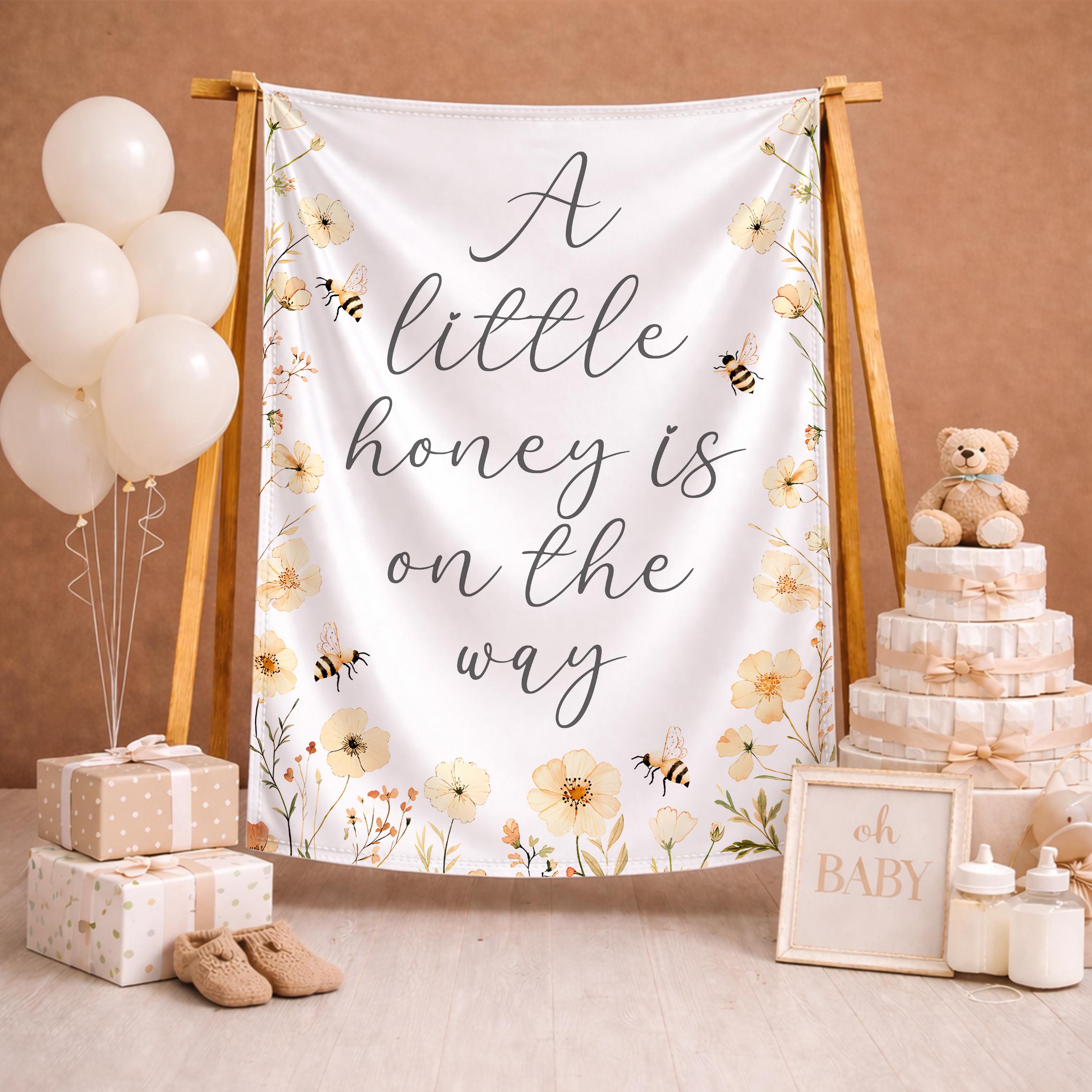 Little Honey Baby Shower Welcome Sign with Bees Neutral Floral Design, Custom Banner or Backdrop for Rustic Baby Celebration Decor