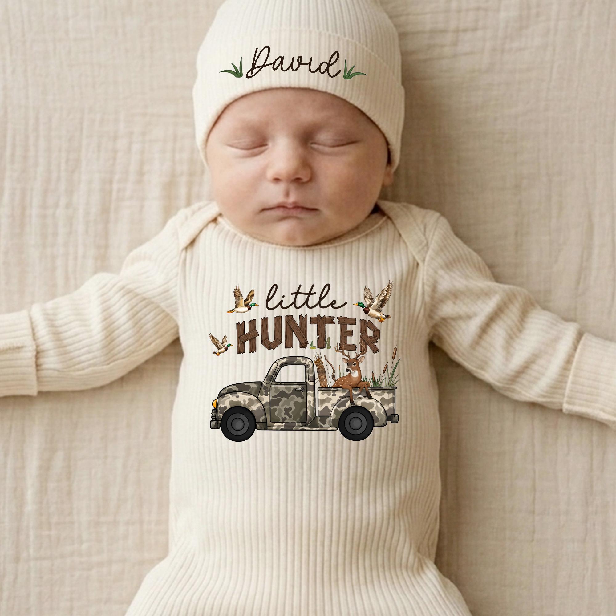 Little Hunter Baby Bodysuit with Camo Truck Graphic and Custom Name Hat, Newborn Coming Home Outfit for Hunting Families