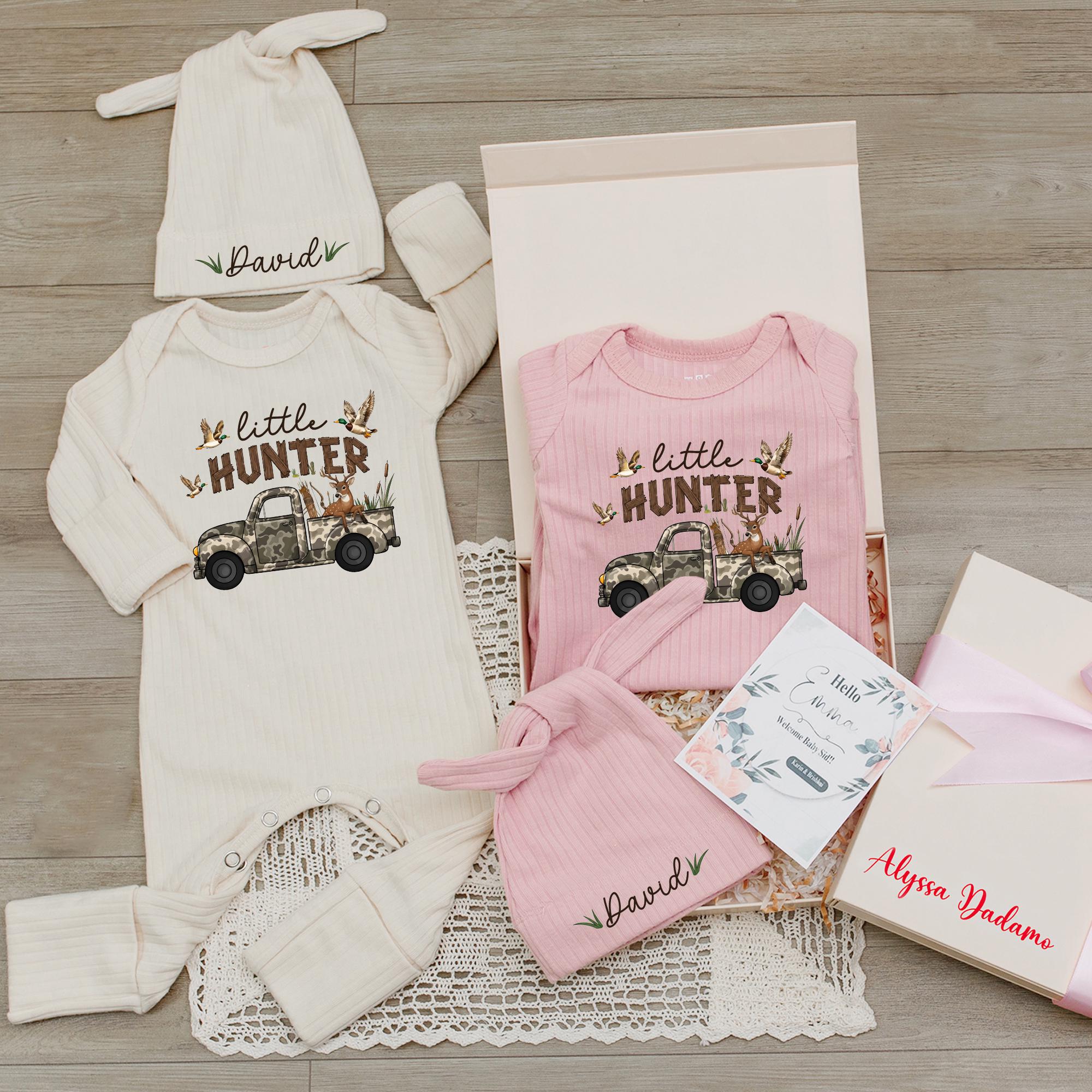 Little Hunter Baby Bodysuit with Camo Truck Graphic and Custom Name Hat, Newborn Coming Home Outfit for Hunting Families