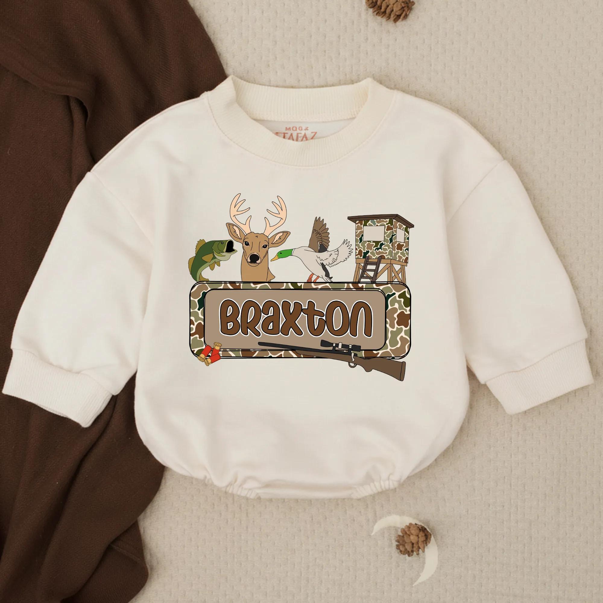 Little Hunter Baby Romper with Deer and Hunting Graphic, Custom Name Outfit, Southern Baby Shower Gift for Newborn Boys
