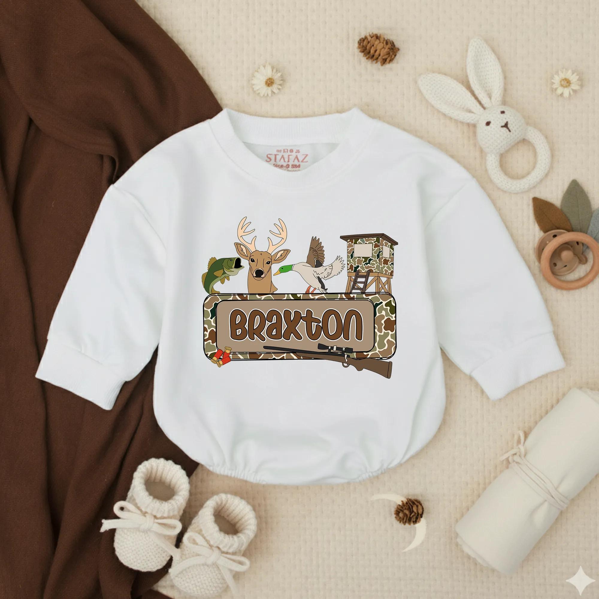 Little Hunter Baby Romper with Deer and Hunting Graphic, Custom Name Outfit, Southern Baby Shower Gift for Newborn Boys