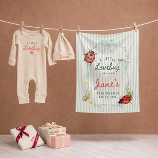 A Little Lovebug Baby Shower Silk Banner with Ladybug Design, Custom Name & Date, Matching Bodysuit and Hat Set