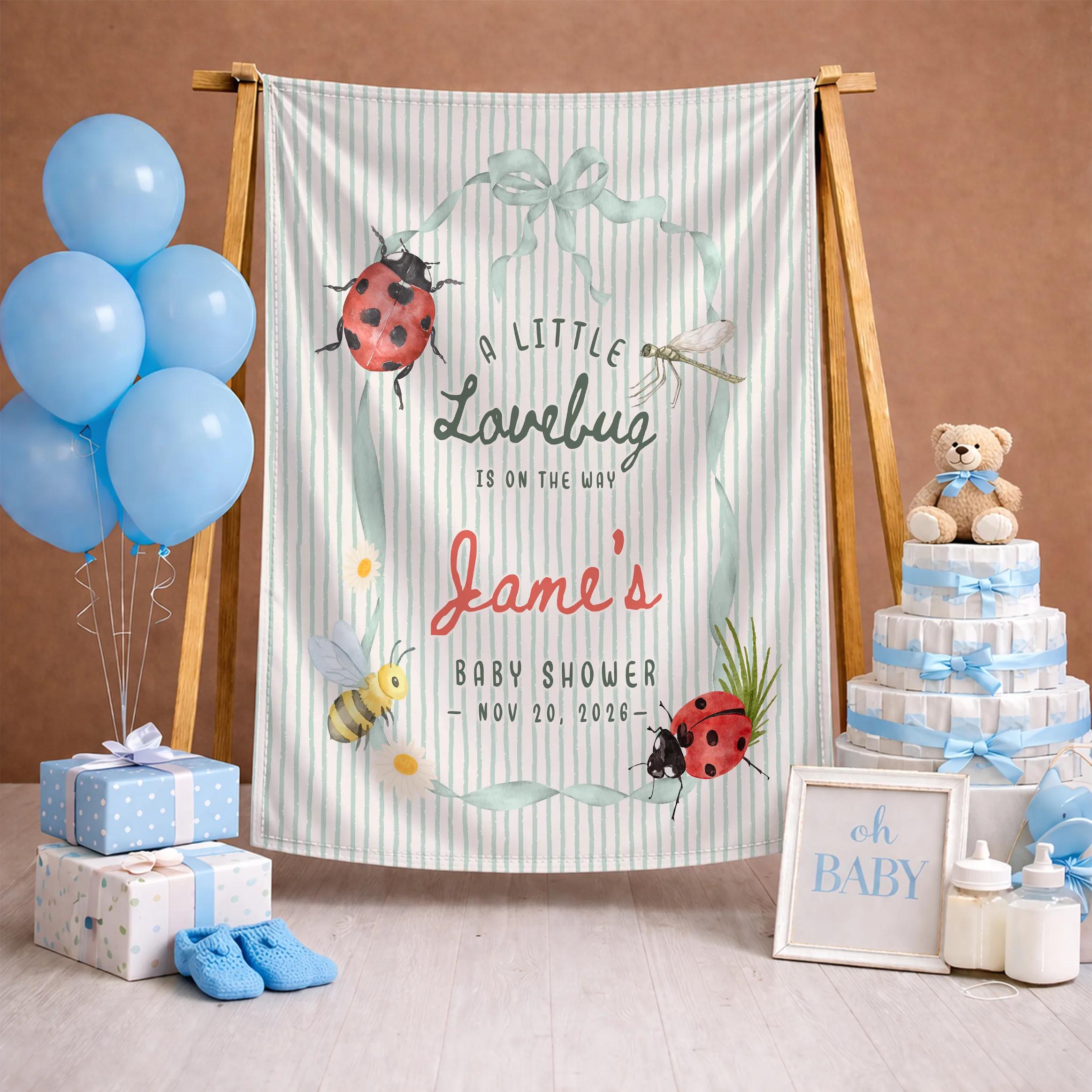 A Little Lovebug Baby Shower Silk Banner with Ladybug Design, Custom Name & Date, Matching Bodysuit and Hat Set