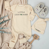 Little Lucky Charm Newborn Bodysuit and Hat Set Personalized Baby Outfit Sage Green Cotton Minimalist Design Ideal for St Patrick's Day Gift
