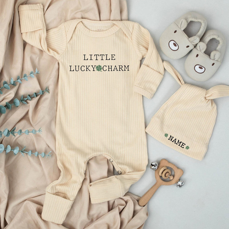 Little Lucky Charm Newborn Bodysuit and Hat Set Personalized Baby Outfit Sage Green Cotton Minimalist Design Ideal for St Patrick's Day Gift