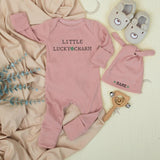 Little Lucky Charm Newborn Bodysuit and Hat Set Personalized Baby Outfit Sage Green Cotton Minimalist Design Ideal for St Patrick's Day Gift