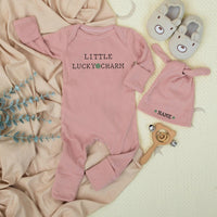 Little Lucky Charm Newborn Bodysuit and Hat Set Personalized Baby Outfit Sage Green Cotton Minimalist Design Ideal for St Patrick's Day Gift