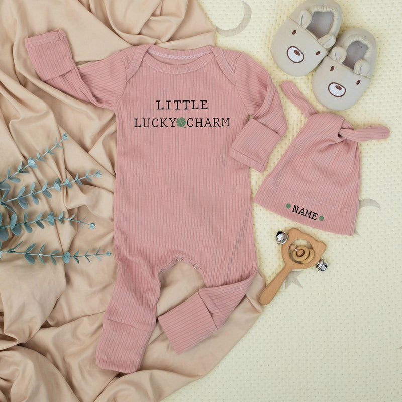 Little Lucky Charm Newborn Bodysuit and Hat Set Personalized Baby Outfit Sage Green Cotton Minimalist Design Ideal for St Patrick's Day Gift