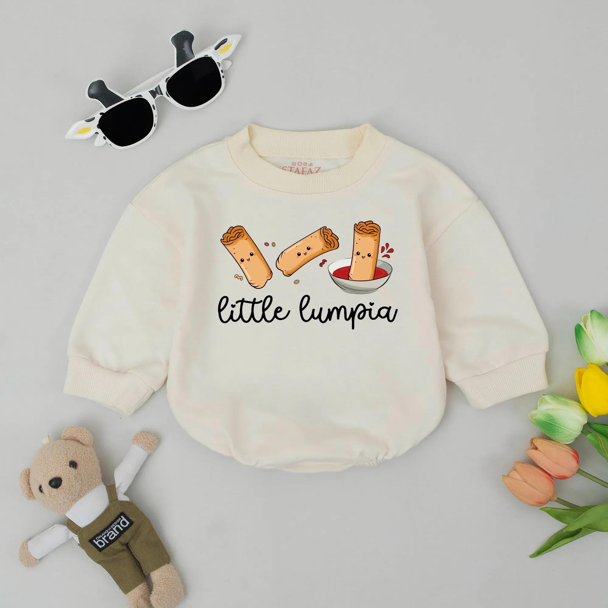 Little Lumpia Baby Romper with Cute Smiling Cartoon Spring Outfit Filipino Food Bodysuit Newborn Gift for Baby Shower or Coming Home
