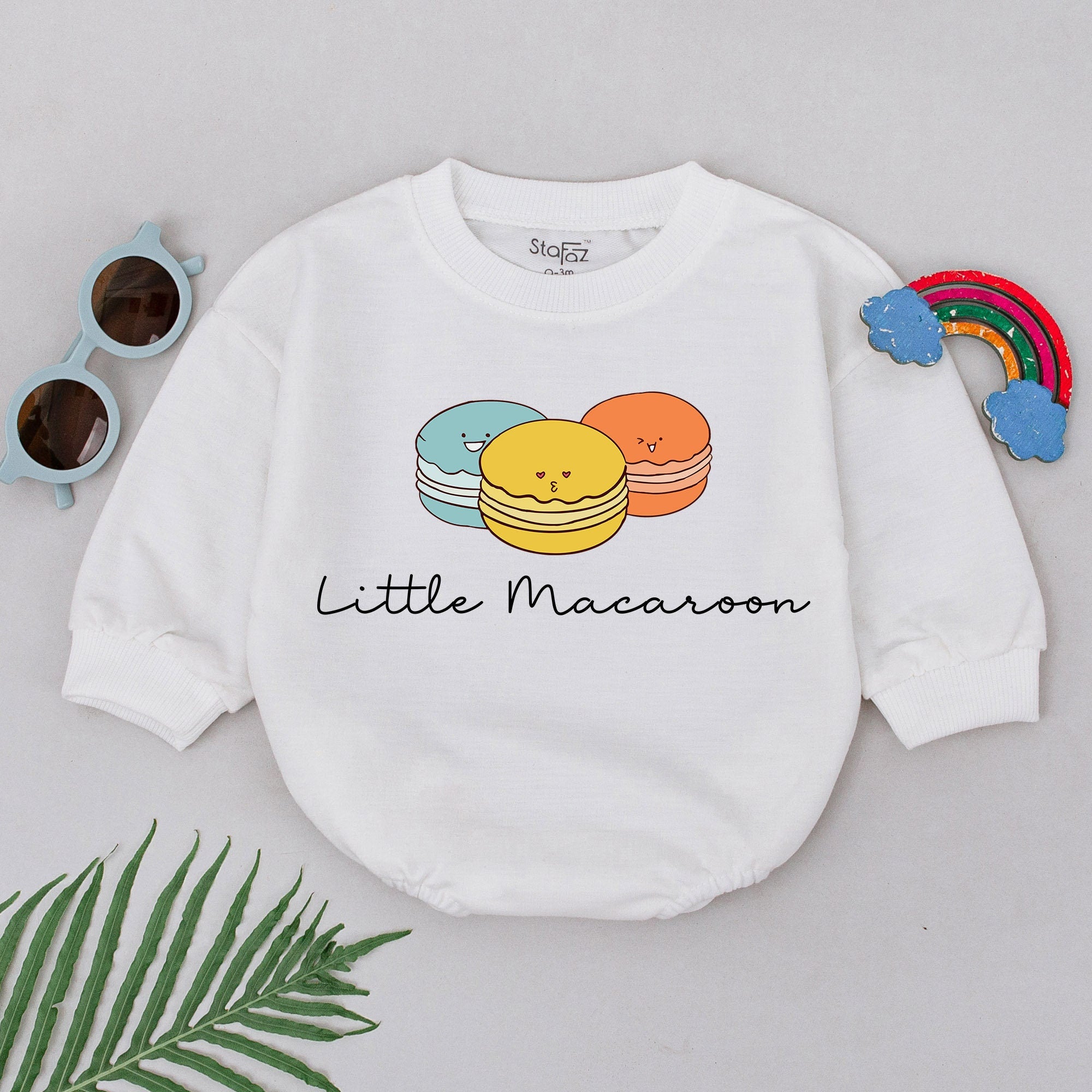 Little Macaroon Baby Romper Cute Smiling Macarons Cotton Outfit Infant Gift Teal Orange Yellow Minimalist Foodie Fun Shower Present