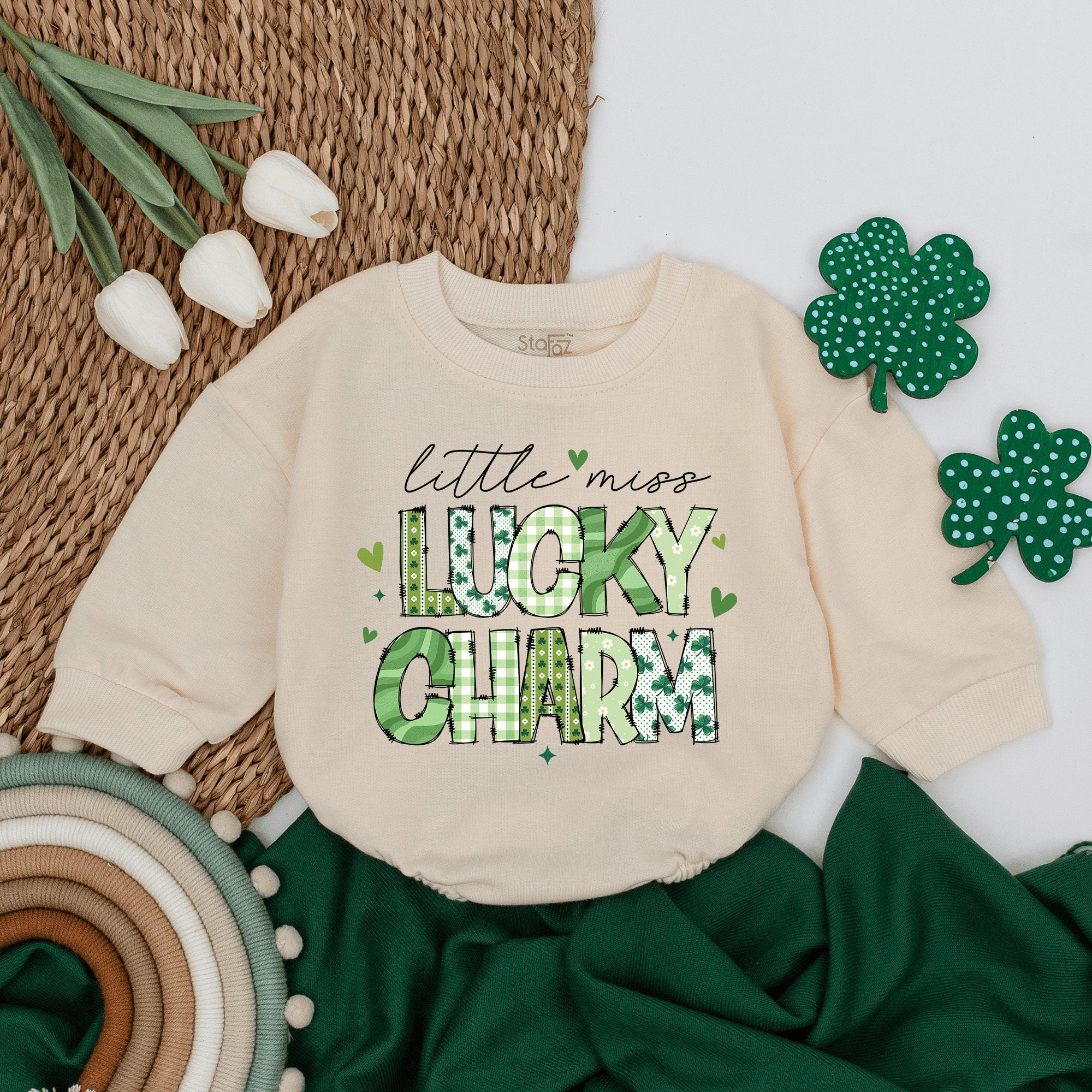 Little Miss Lucky Charm Baby Romper St. Patrick's Day Girls Bodysuit Festive Green Shamrock Design Perfect Gift Idea