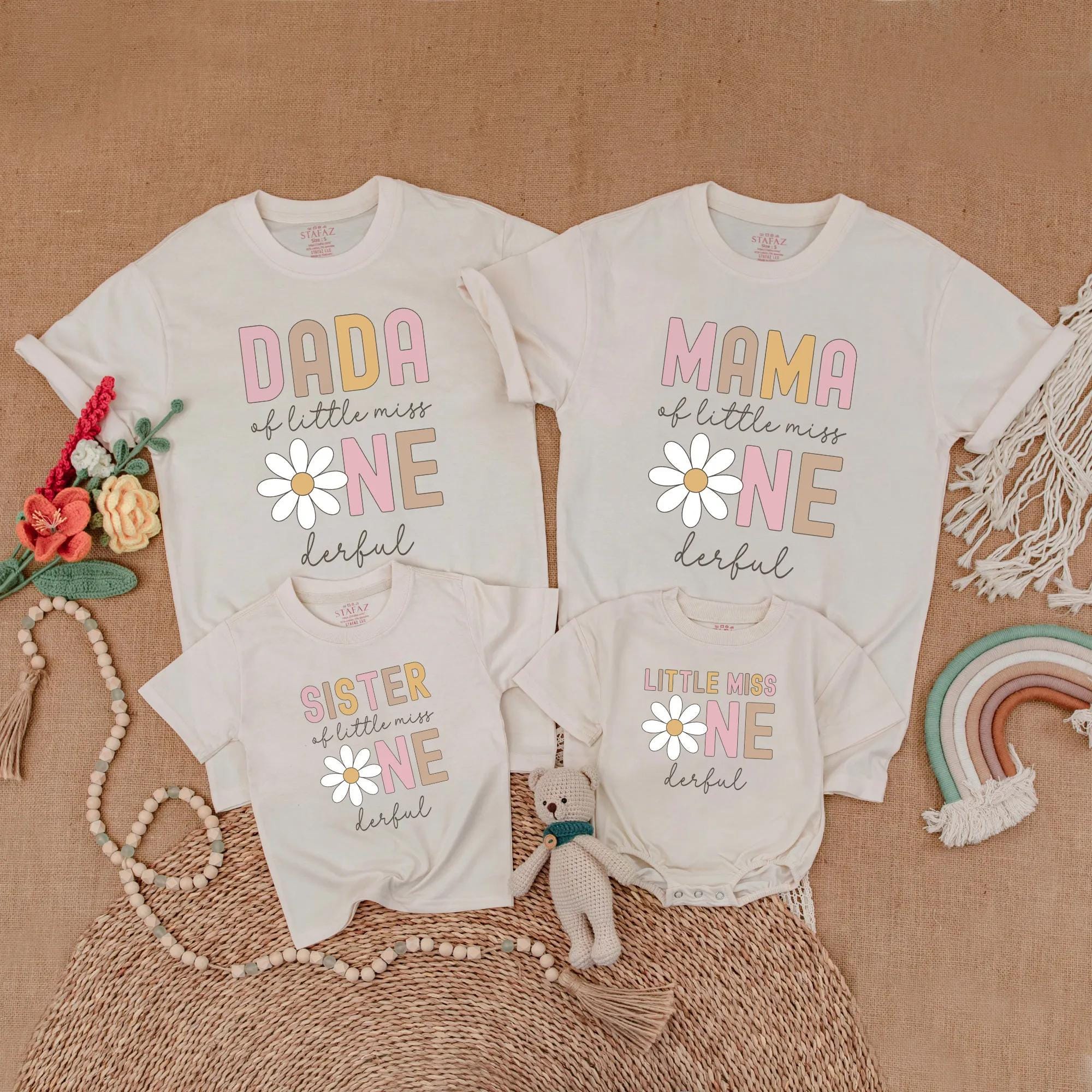 Little Miss ONEderful Boho Daisy First Birthday Girl Shirt Soft Pastel Outfit Cute Baby Celebration Gift Matching Family Style