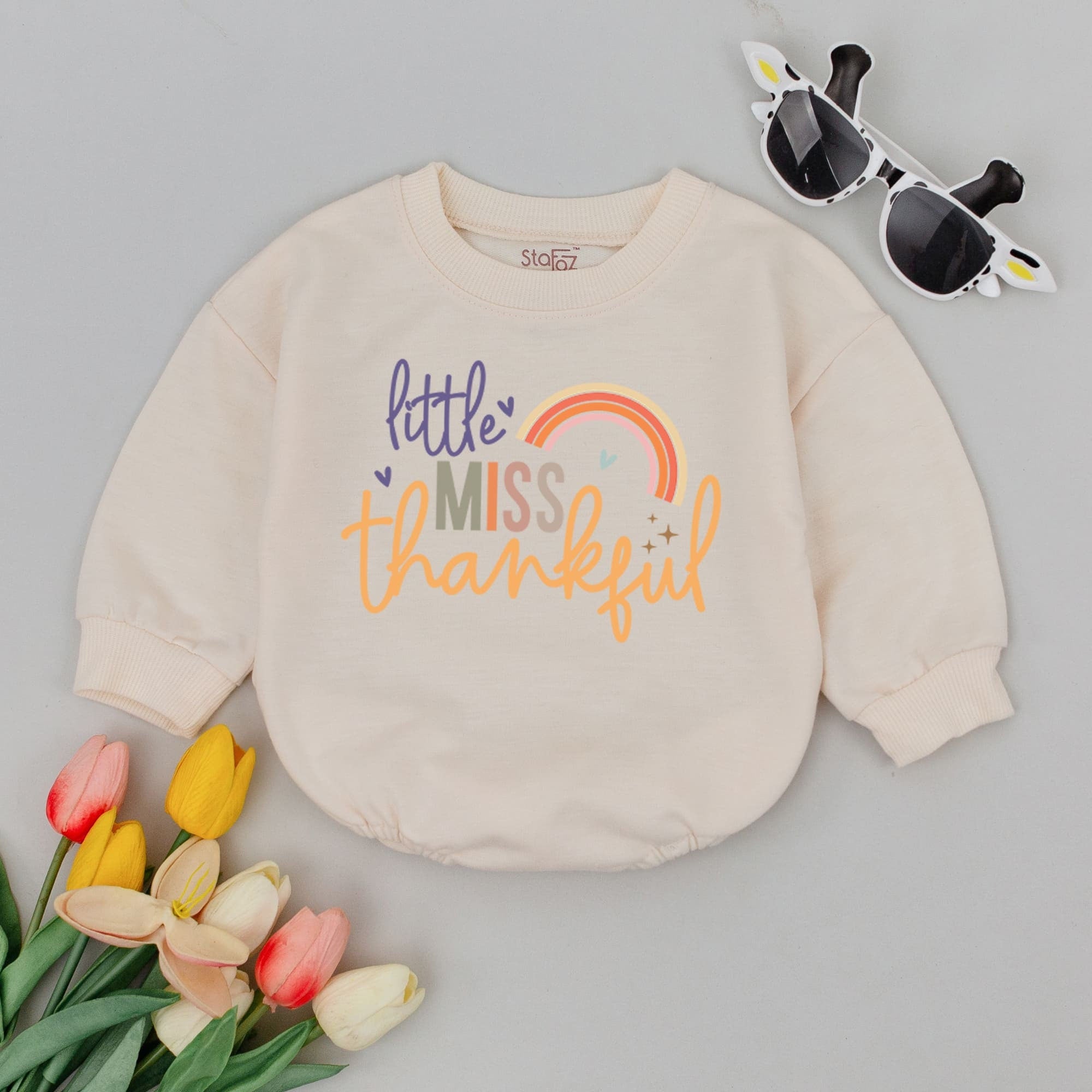 Little Miss Thankful Baby Romper with Rainbow and Hearts Thanksgiving Outfit Soft Cotton Infant Gift for First Holiday Celebration