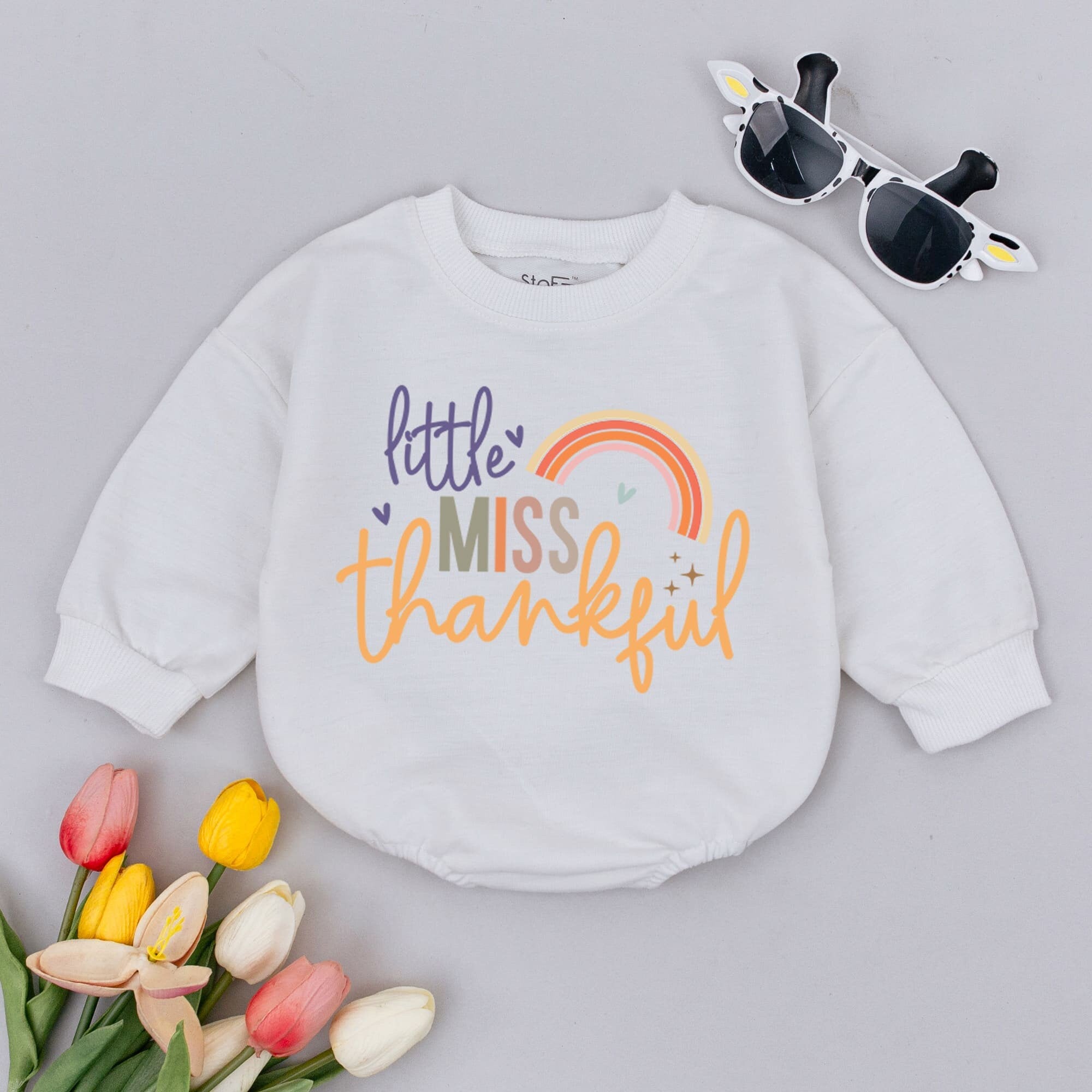 Little Miss Thankful Baby Romper with Rainbow and Hearts Thanksgiving Outfit Soft Cotton Infant Gift for First Holiday Celebration