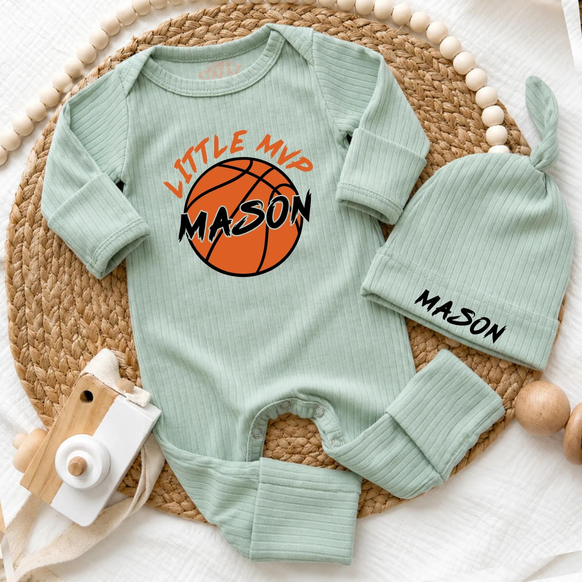 Little MVP Basketball Baby Bodysuit with Custom Name and Hat Set, Newborn Coming Home Outfit, Sports-Themed Baby Shower Gift