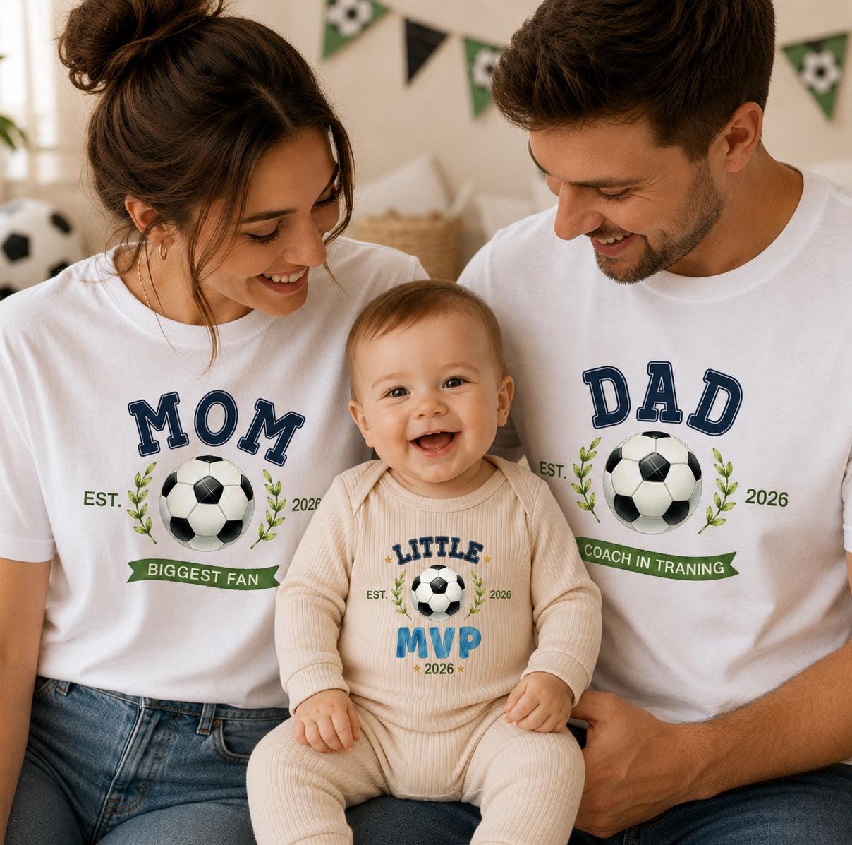 Little MVP Soccer Family Matching Shirts with Custom Name, Mom Dad Biggest Fan & Coach Outfits, Baby Bodysuit and Hat Set