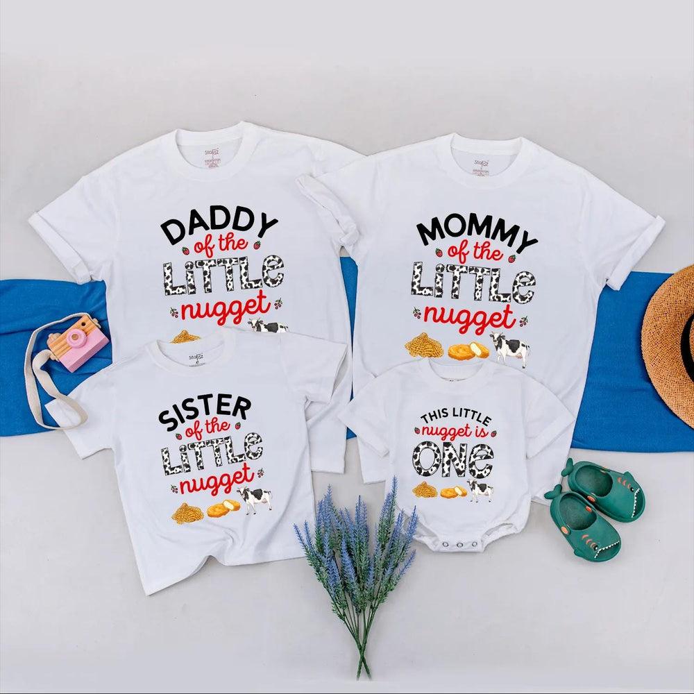 Little Nugget First Birthday Shirt, Custom Matching Family Outfits, Funny Party Clothes with Cow Print, Chicken Nugget Graphics, Baby Gift