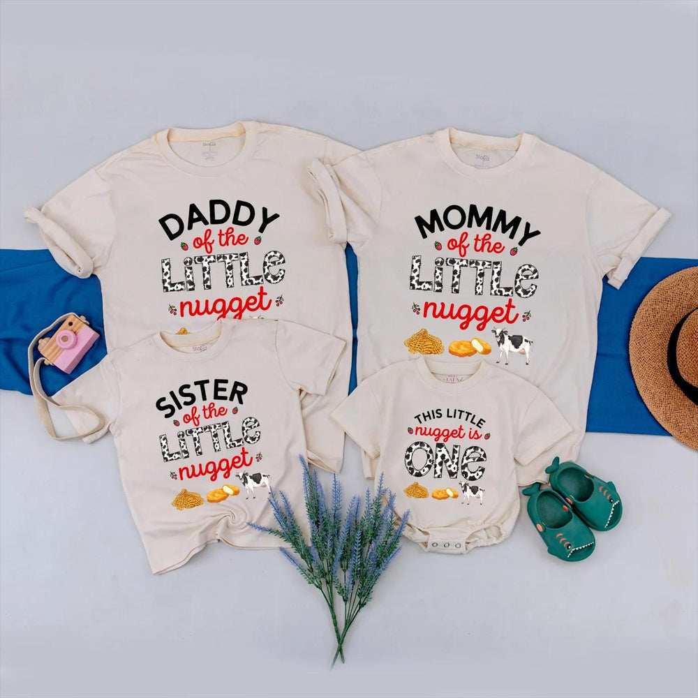 Little Nugget First Birthday Shirt, Custom Matching Family Outfits, Funny Party Clothes with Cow Print, Chicken Nugget Graphics, Baby Gift