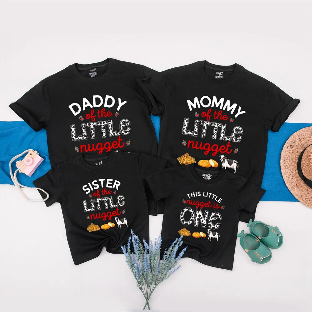 Little Nugget First Birthday Shirt, Custom Matching Family Outfits, Funny Party Clothes with Cow Print, Chicken Nugget Graphics, Baby Gift