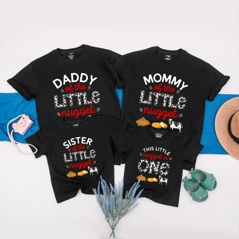 Little Nugget First Birthday Shirt, Custom Matching Family Outfits, Funny Party Clothes with Cow Print, Chicken Nugget Graphics, Baby Gift