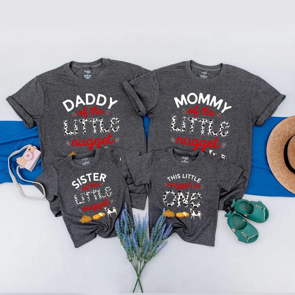 Little Nugget First Birthday Shirt, Custom Matching Family Outfits, Funny Party Clothes with Cow Print, Chicken Nugget Graphics, Baby Gift