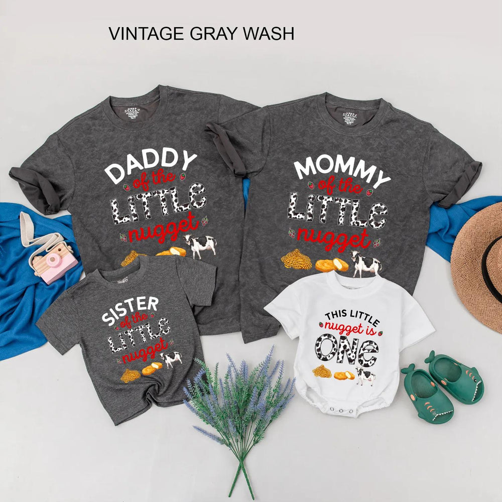 Little Nugget First Birthday Shirt, Custom Matching Family Outfits, Funny Party Clothes with Cow Print, Chicken Nugget Graphics, Baby Gift