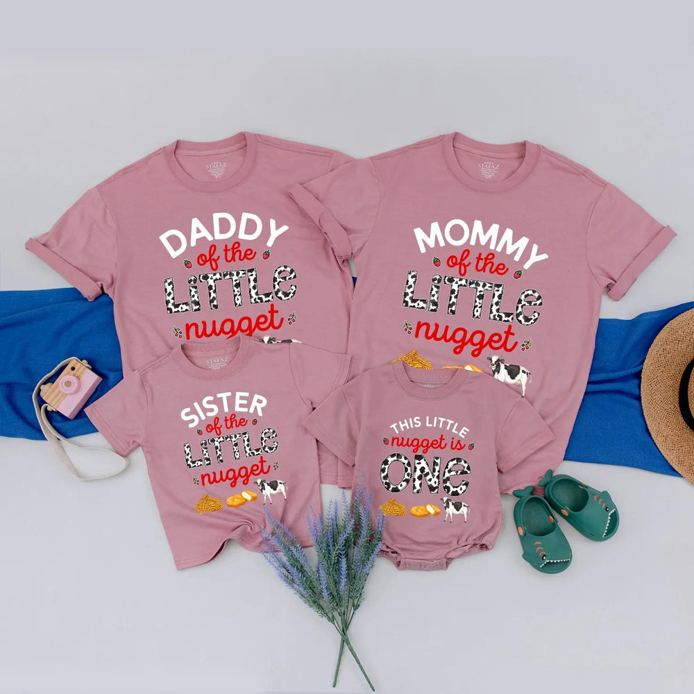 Little Nugget First Birthday Shirt, Custom Matching Family Outfits, Funny Party Clothes with Cow Print, Chicken Nugget Graphics, Baby Gift