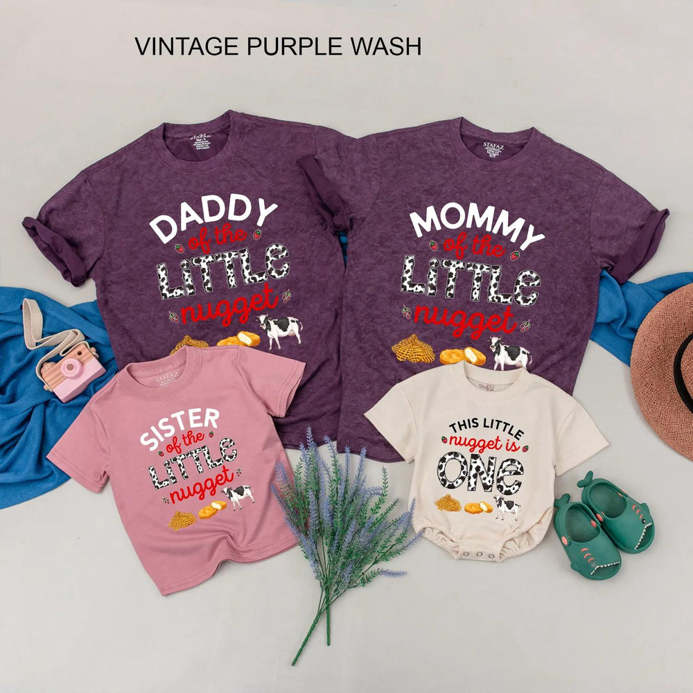 Little Nugget First Birthday Shirt, Custom Matching Family Outfits, Funny Party Clothes with Cow Print, Chicken Nugget Graphics, Baby Gift