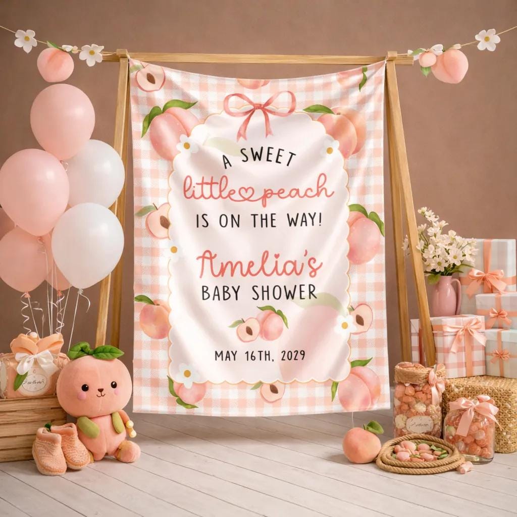 Little Peach Baby Shower Welcome Tapestry with Pink Gingham Backdrop, Sweet Peach Girl Decor, Custom Name and Date for Party Display