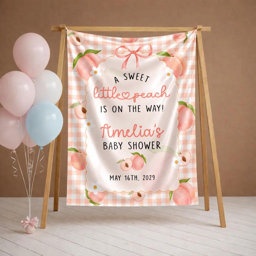 Little Peach Baby Shower Welcome Tapestry with Pink Gingham Backdrop, Sweet Peach Girl Decor, Custom Name and Date for Party Display