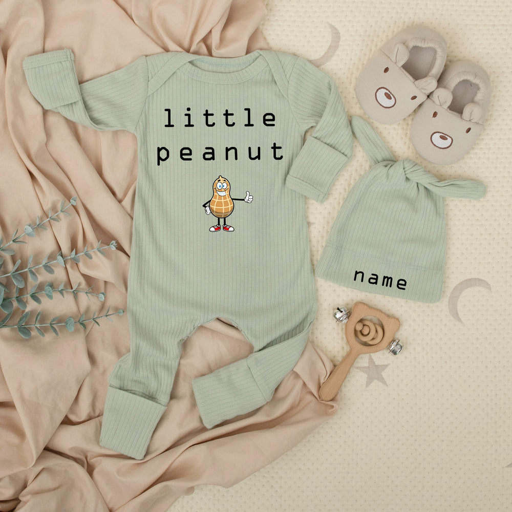 Little Peanut Baby Bodysuit and Hat Set with Custom Name Adorable Cartoon Design Unisex Infant Gift Soft Cotton Going Home Outfit Keepsake