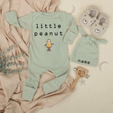Little Peanut Baby Bodysuit and Hat Set with Custom Name Adorable Cartoon Design Unisex Infant Gift Soft Cotton Going Home Outfit Keepsake